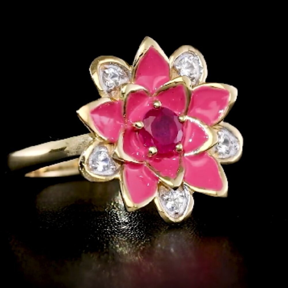 Rare and Unique Niassa Ruby (FF) and White Zircon 0.50 ctw, Enameled Floral Ring - Picture 4 of 6